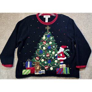 Tiara International Sweater Christmas Tree Santa Ramie Cotton Vintage Size 14/16